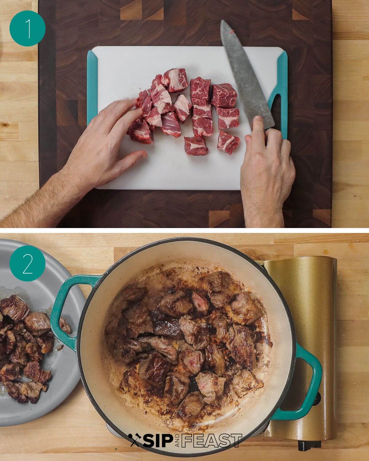 Beef barley soup recipe process shot collage group number one.