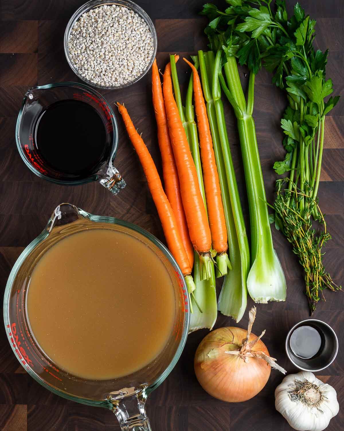 Ingredients shown: barley, red wine, carrots, celery, parsley, thyme, beef stock, onion, garlic, and worcestershire sauce.