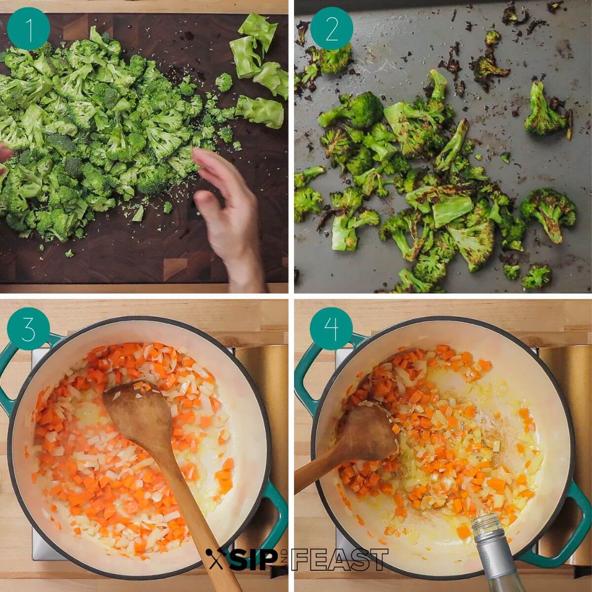 Broccoli cheddar soup recipe process shot collage group number one.