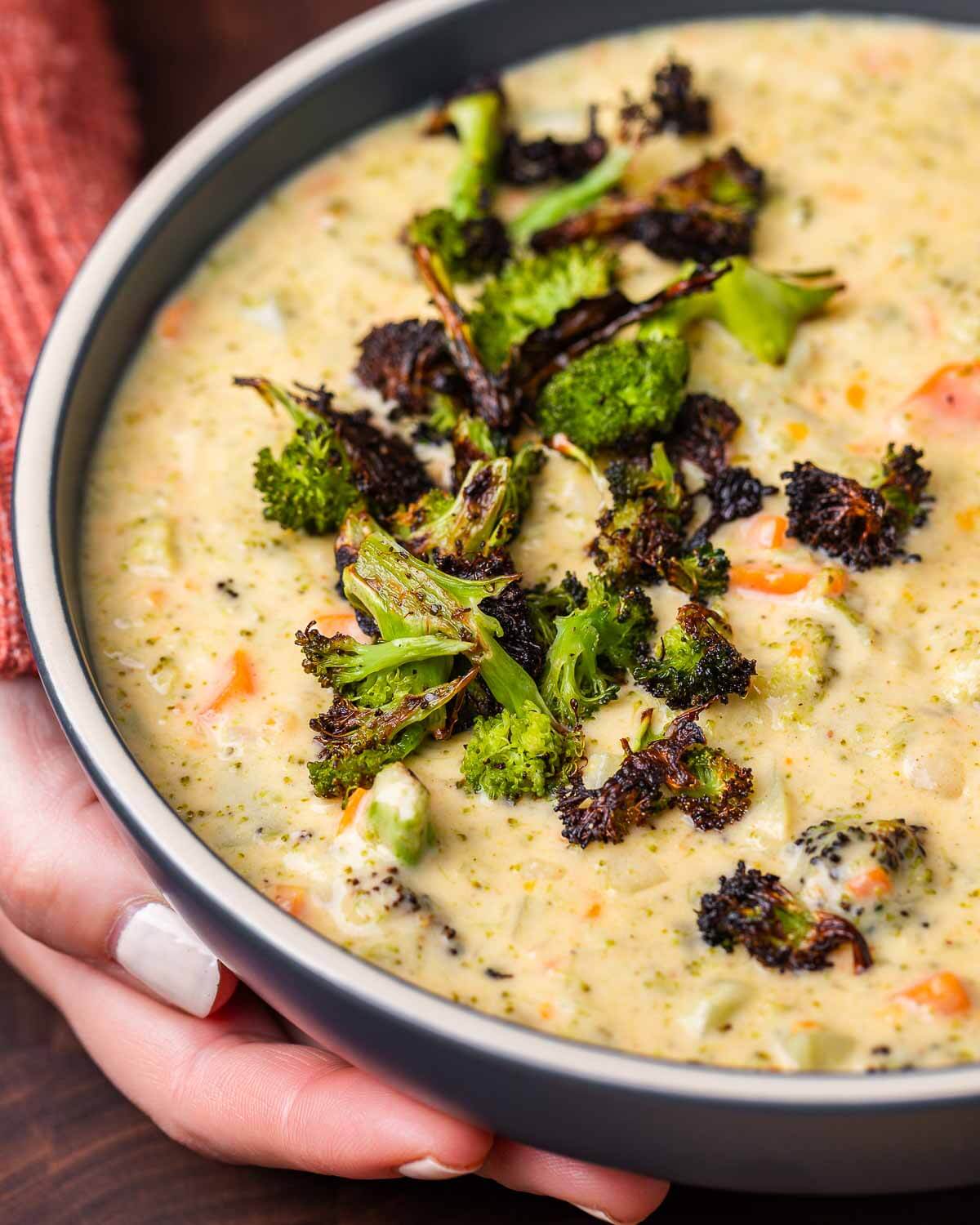 Hands holding bowl of broccoli cheddar soup.