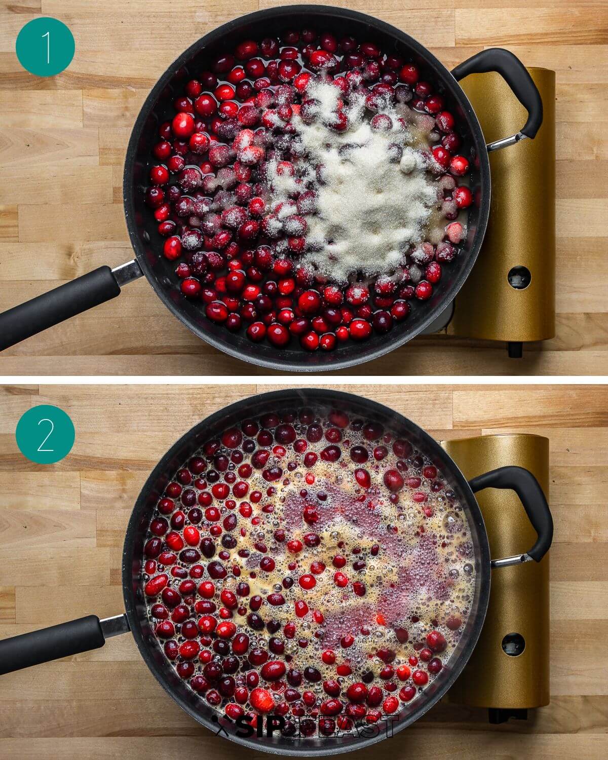 Cranberry sauce recipe process shot collage group number one showing a saucepan with cranberrys, sugar, and water simmering.