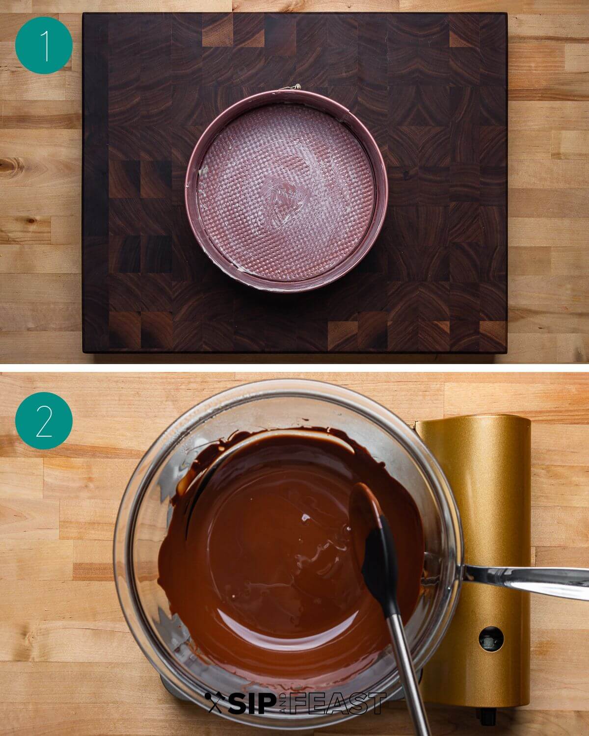 Flourless chocolate cake recipe process shot collage group number one.