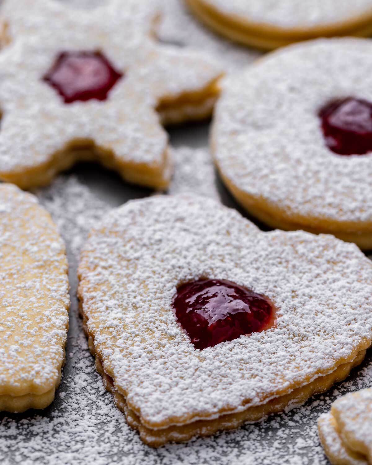 Closeup shot of heart shaped linzer cookie.