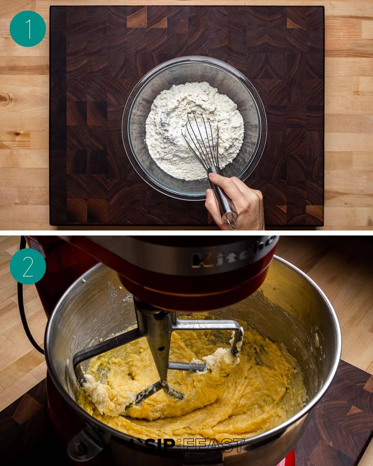 Linzer cookies recipe process shot collage group number one showing mixing dry ingredients in bowl, and wet ingredients in kitchen aid mixer.