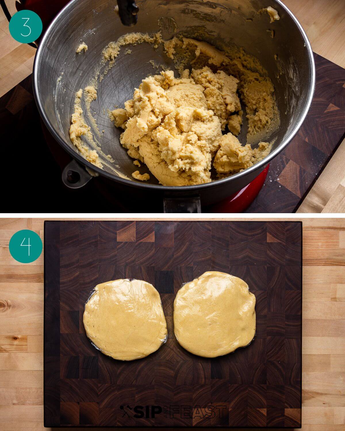 Recipe process shot collage group number two showing kitchen aid with mixed dough and 2 discs of dough wrapped in plastic.