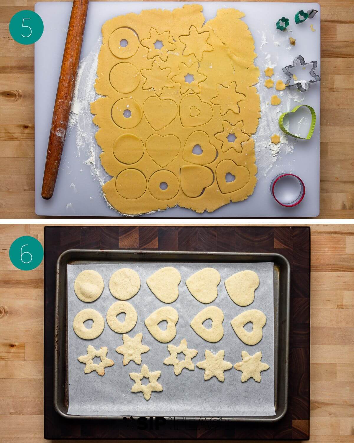 Recipe process shot collage group number three showing rolling pin alongside cutout cookies and baking sheet with baked cookies.