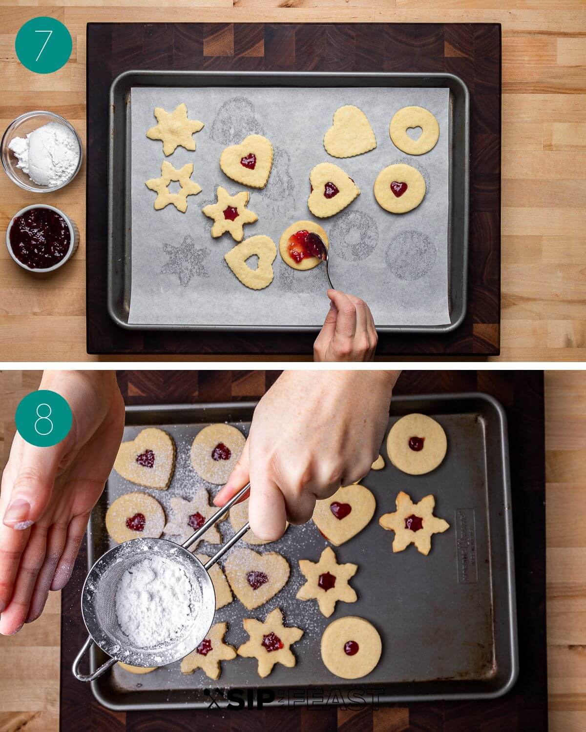 Recipe process shot collage group number four with hands spreading jam on cookies and hands dusting sugar on cookies.