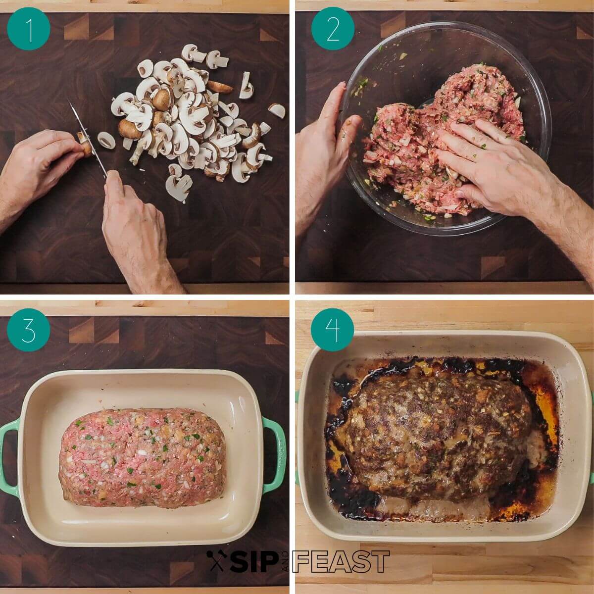 Meatloaf with brown gravy recipe process shot collage group number one showing chopped mushrooms, mixing the meatloaf mix, meatloaf in a pan uncooked, and cooked meatloaf in pan.
