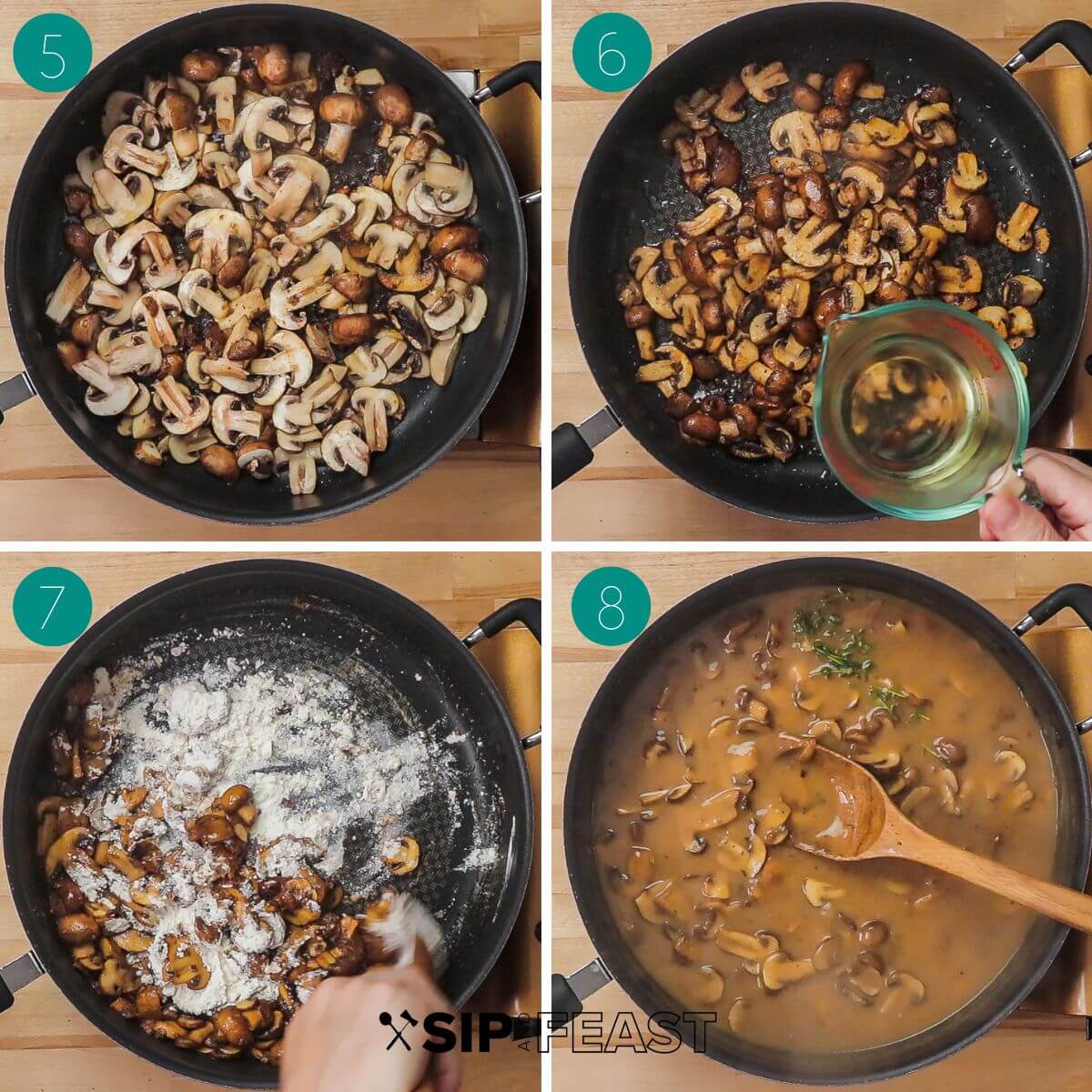Recipe process shot collage group number two showing raw mushrooms in pan, cooked mushrooms in pan with wine being added, flour added to pan, finished gravy in pan.