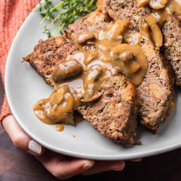 Meatloaf with mushroom brown gravy featured image.