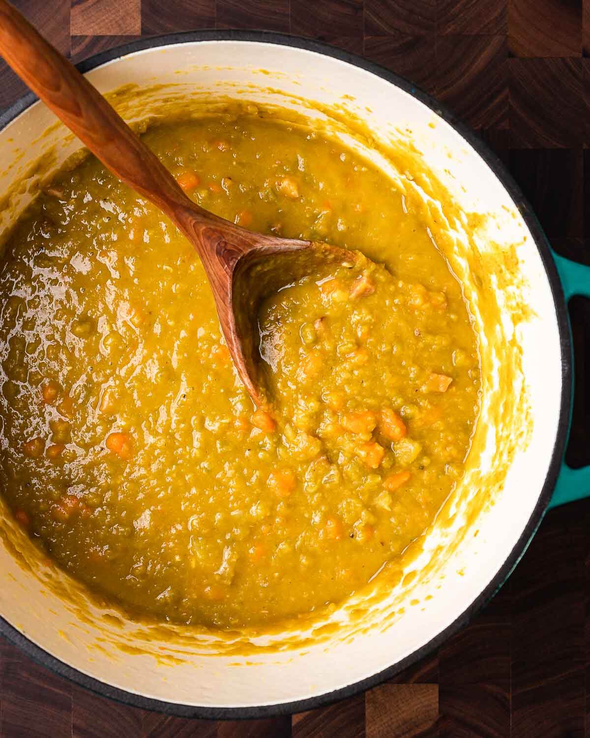 Overhead shot of Dutch oven with split pea soup.