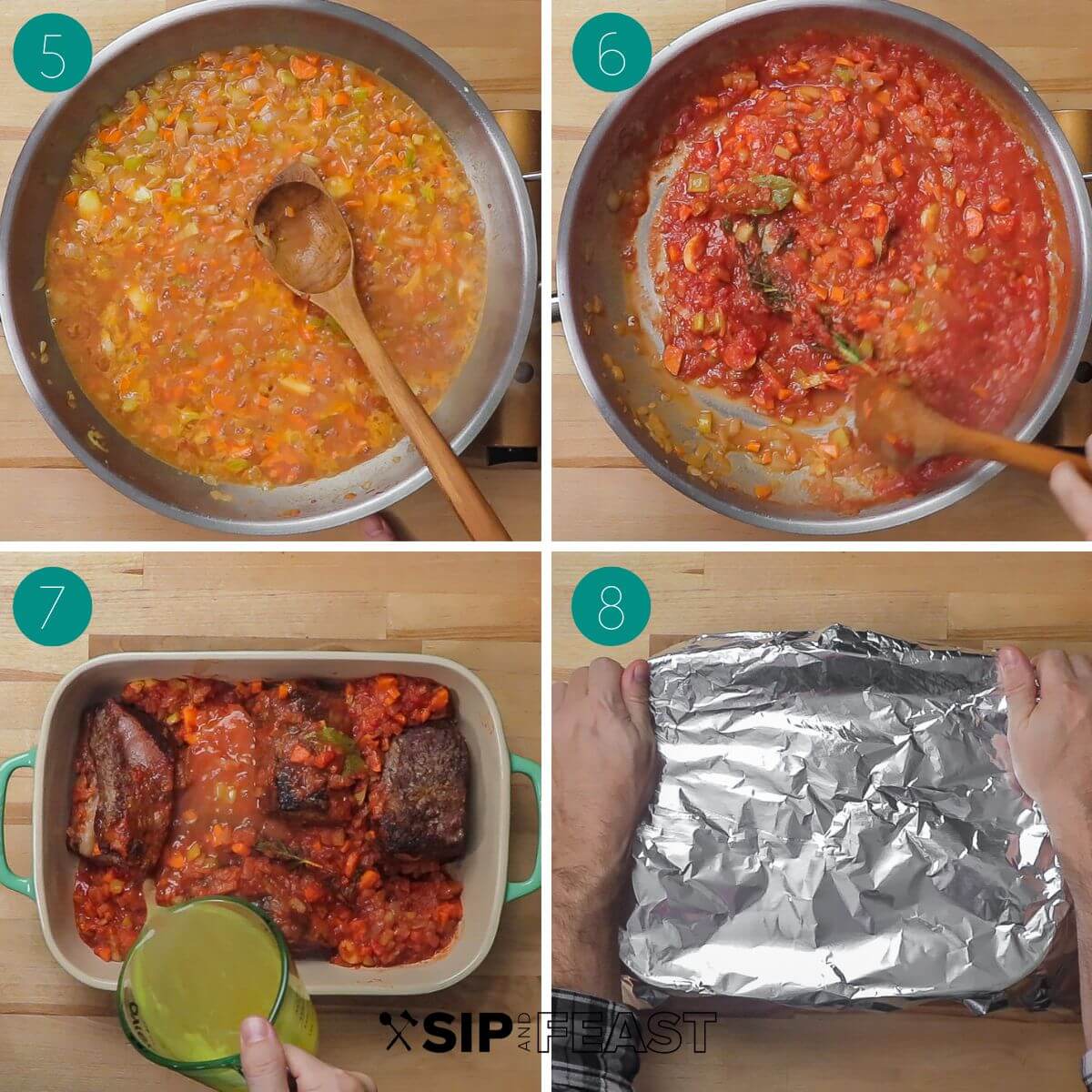 Recipe process shot collage group number two showing vegetables with wine in pan, plus tomatoes in pan, ribs and sauce in baking dish, covered dish with foil.