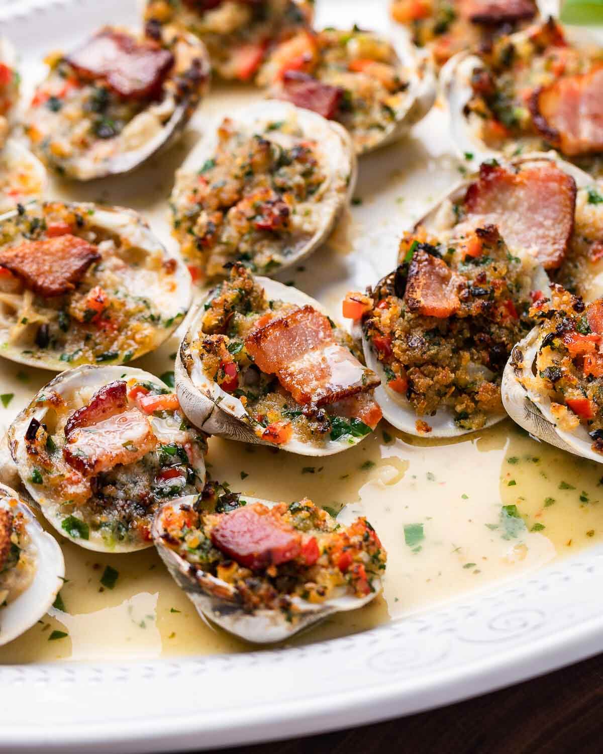 Clams casino in white platter.