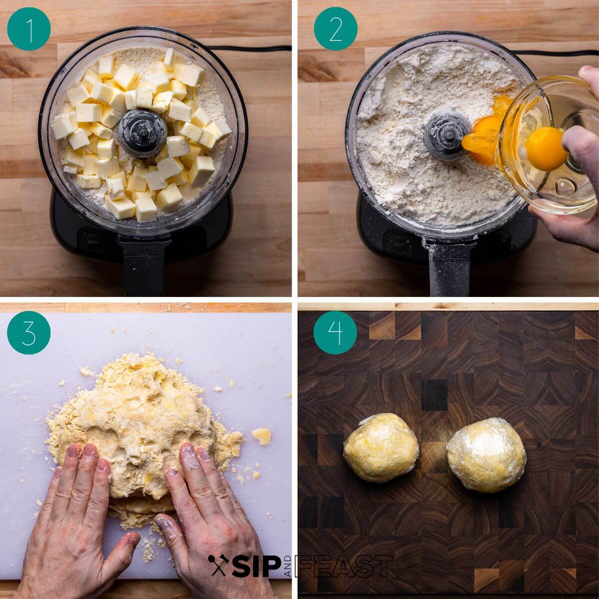 Cuccidati pastry dough recipe process shot collage showing butter and flour in food processor, hands kneading dough and two dough balls.