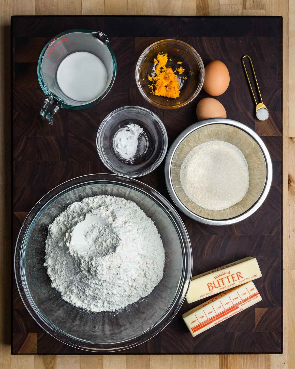 Overhead shot of ingredients for the cuccidati pastry dough.