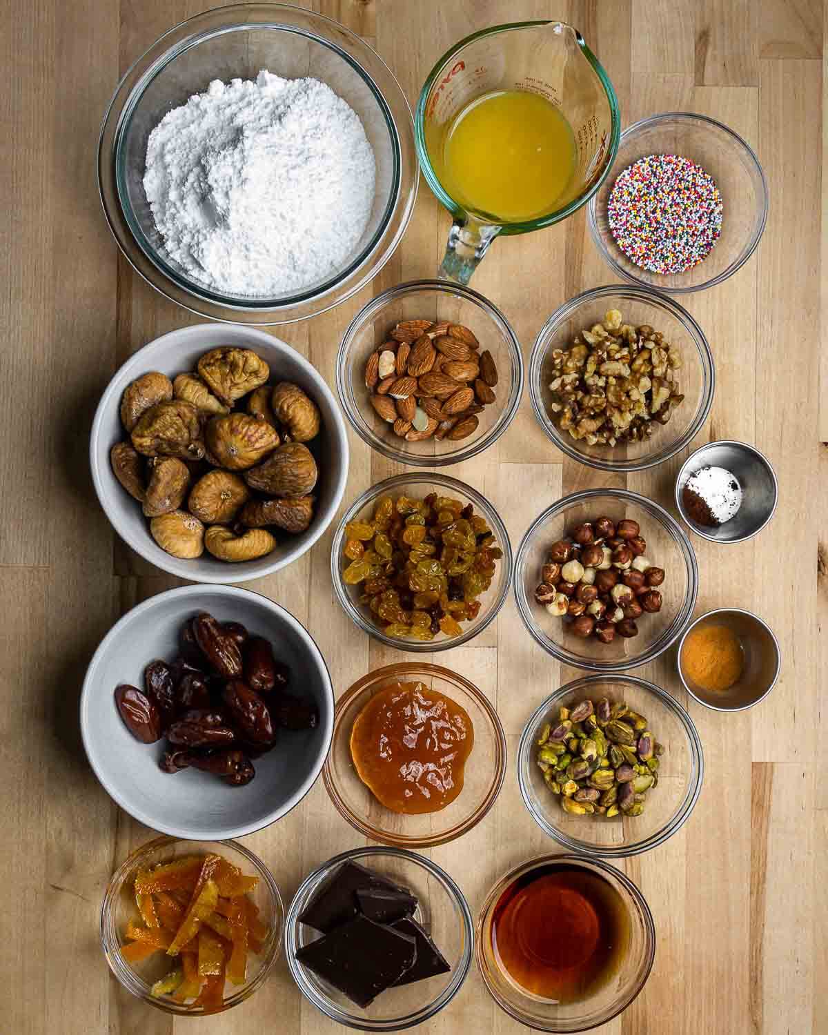 Overhead shot of ingredients for the cuccidati fig filling.