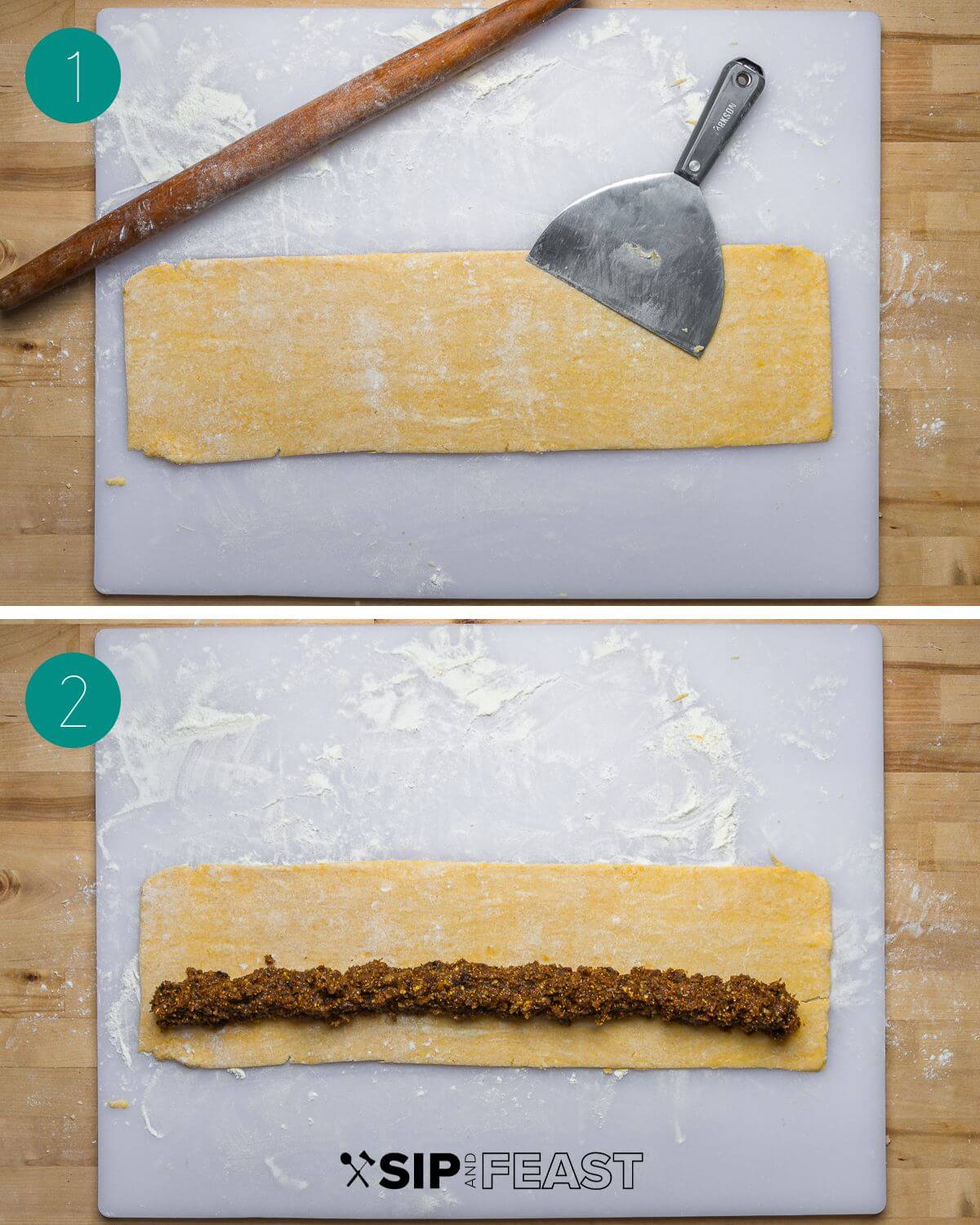 Cuccidati cookie recipe process shot collage group showing the dough rolled out on a cutting board with the log shaped filling on top of the dough.