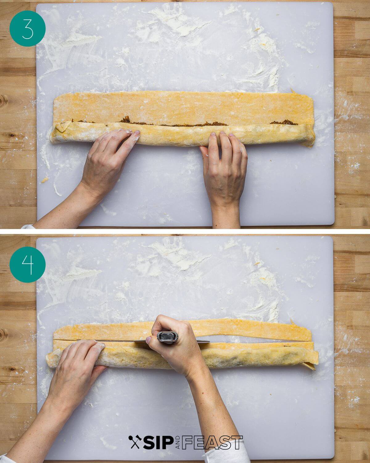 Recipe process shot collage group number two showing hands rolling dough around filling and hands trimming dough with pastry cutter.