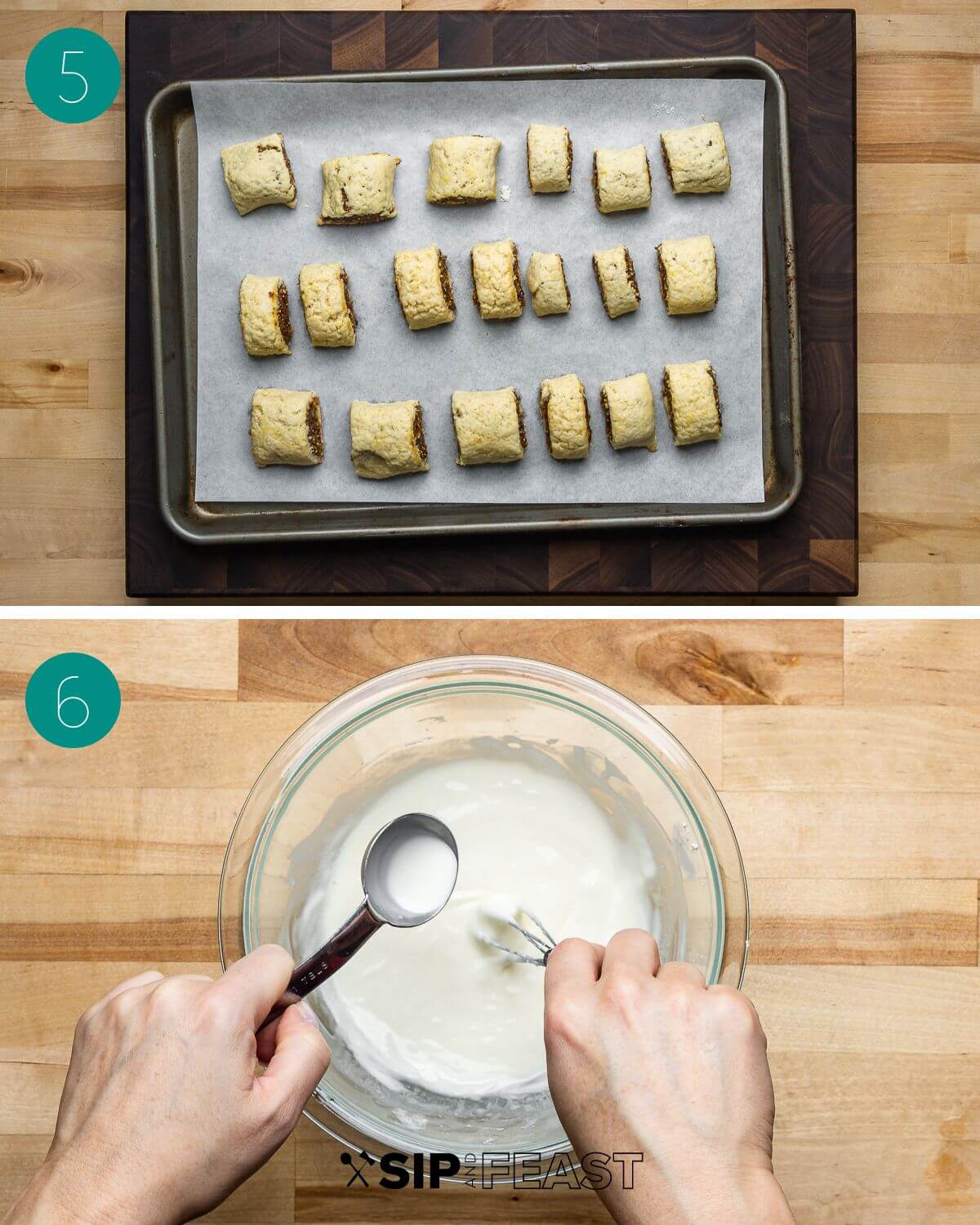 Recipe process shot collage group showing sliced cuccidati on baking sheet and hands making glaze in bowl.