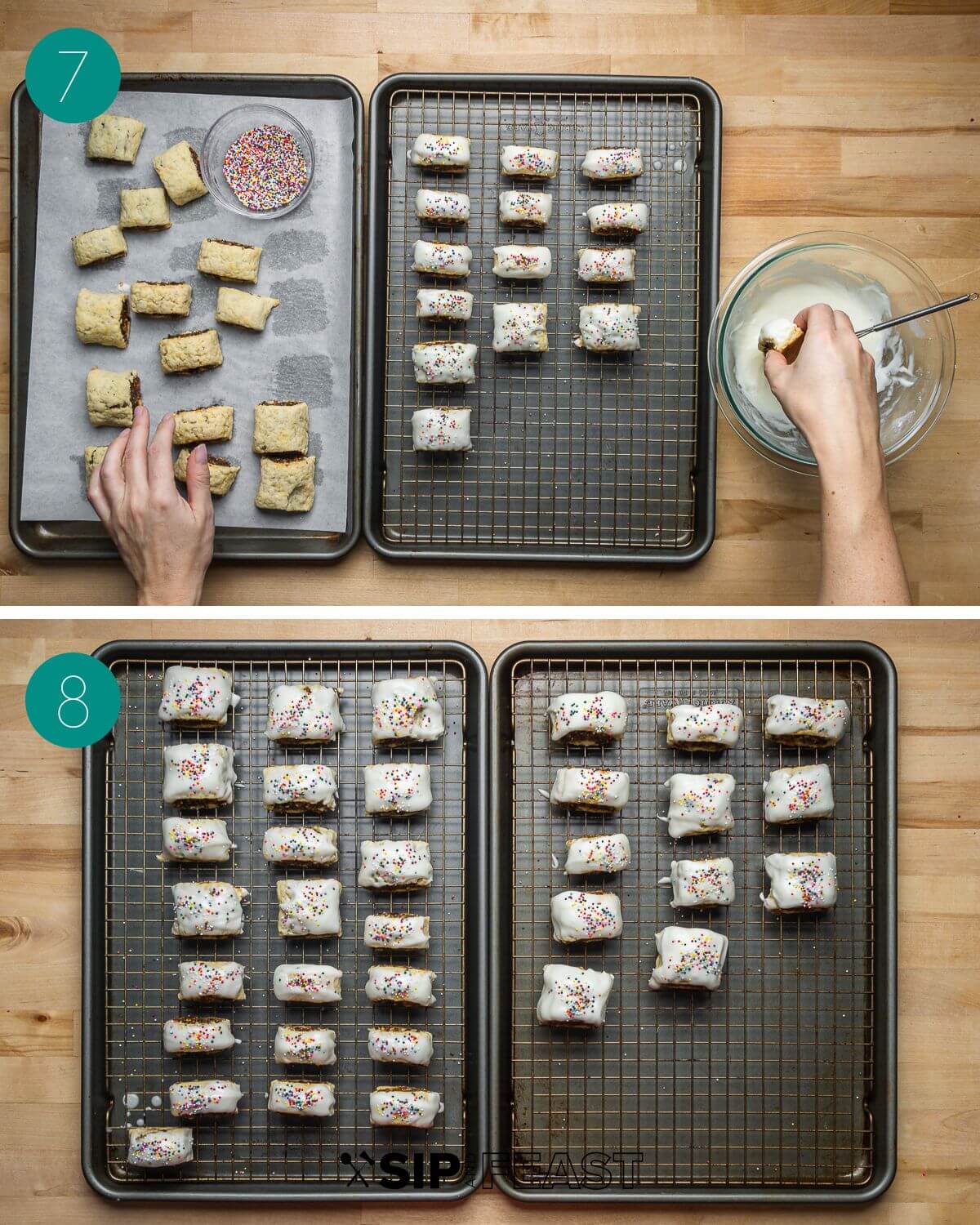 Recipe process shot collage group showing hands dipping cuccidati into glaze and finished cuccidati on wire rack with glaze and nonpareils.