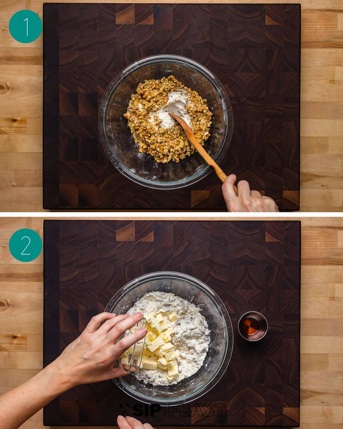 Walnut snowball cookies recipe process shot collage group number one showing chopped nuts in a bowl and the bowl with added butter and flour.