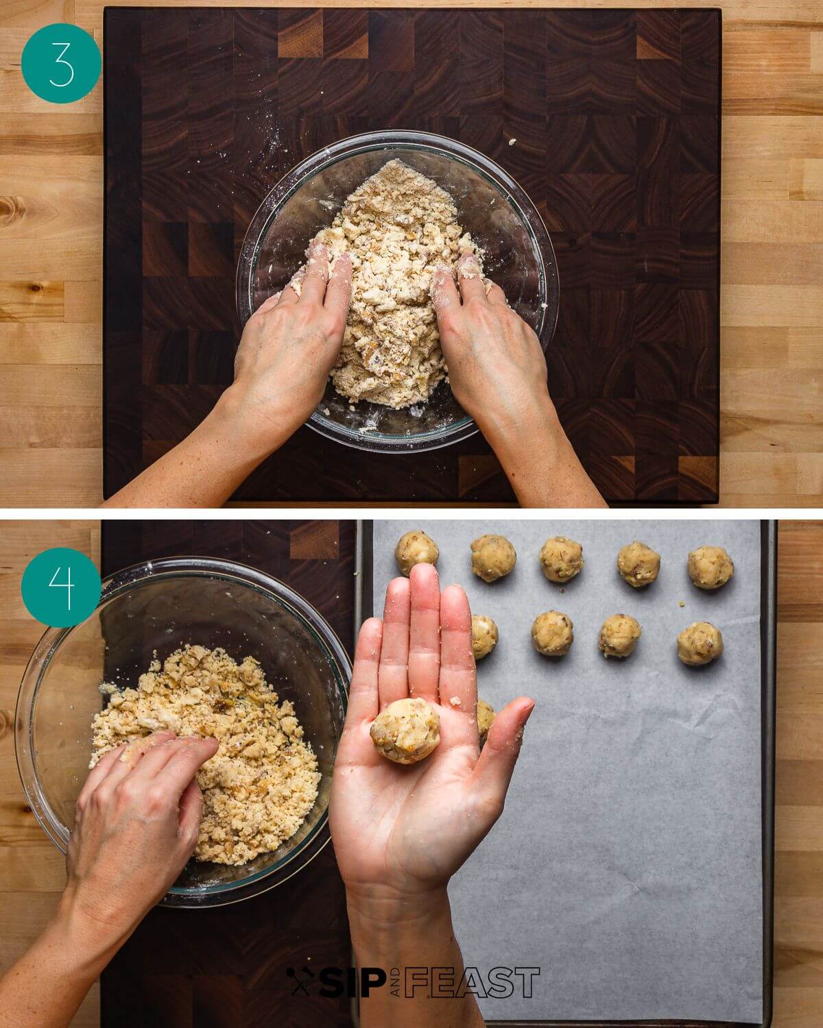 Recipe process shot collage group number two showing hands mixing dough and hands rolling dough balls.