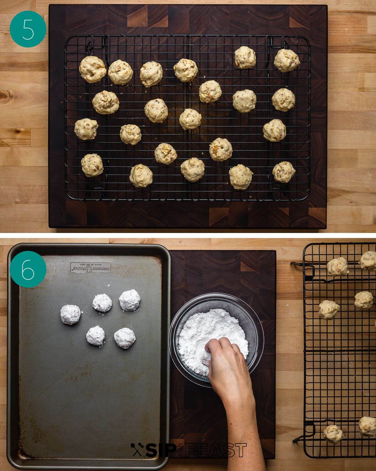 Recipe process shot collage group number three showing baked balls and walnut balls dipped in sugar.