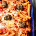Baked ziti with meatballs Pinterest image.