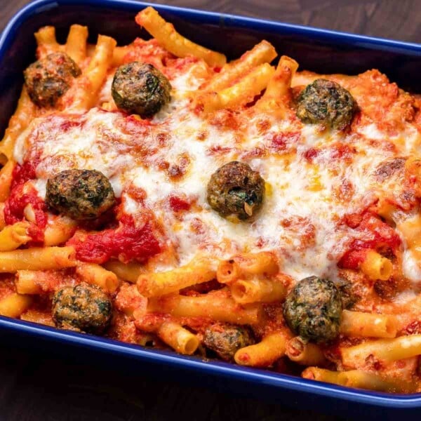 Baked ziti with meatballs featured image.