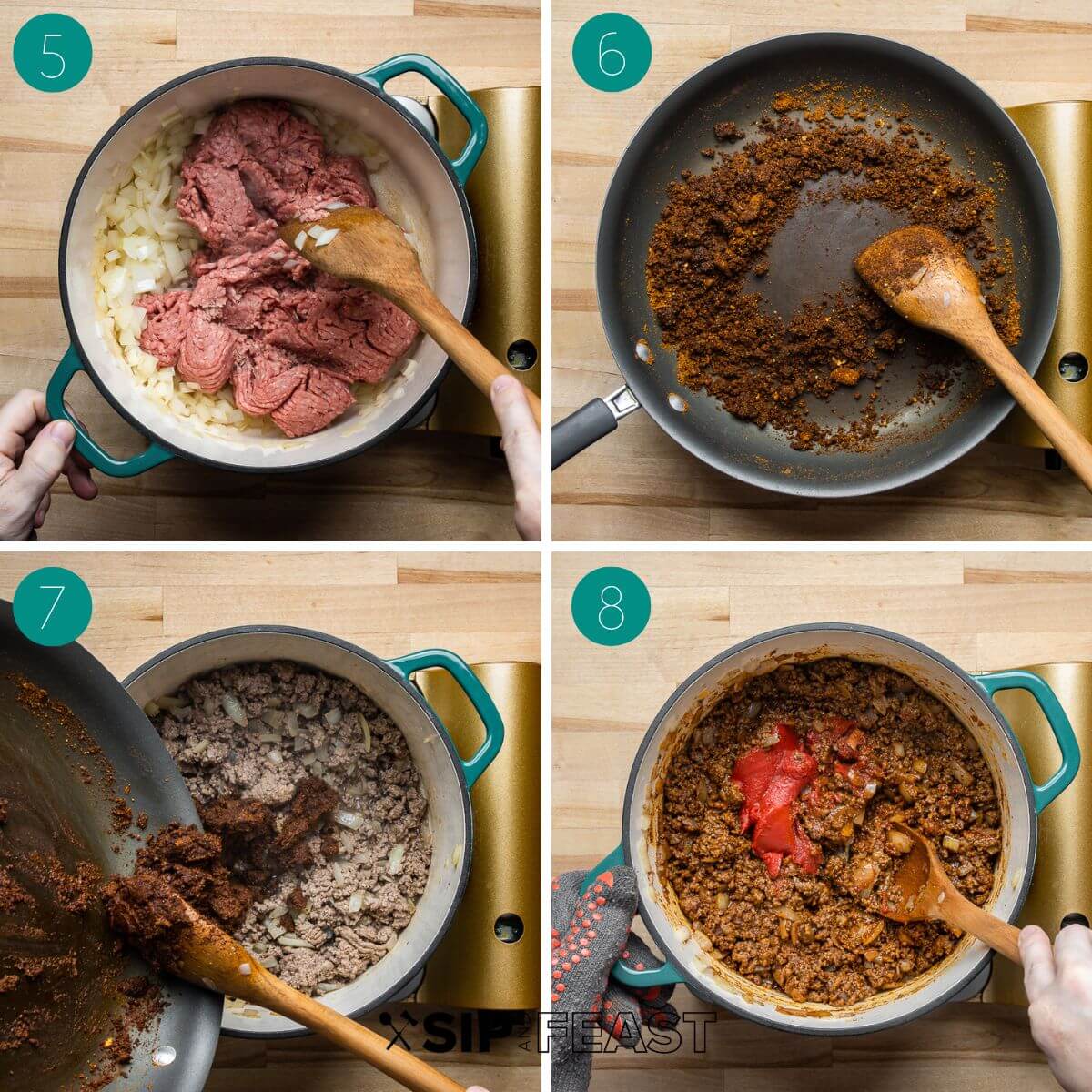 Recipe process shot collage group number two with beef and onions in pot, spices cooked in pan being added to pot, tomato added to pot.