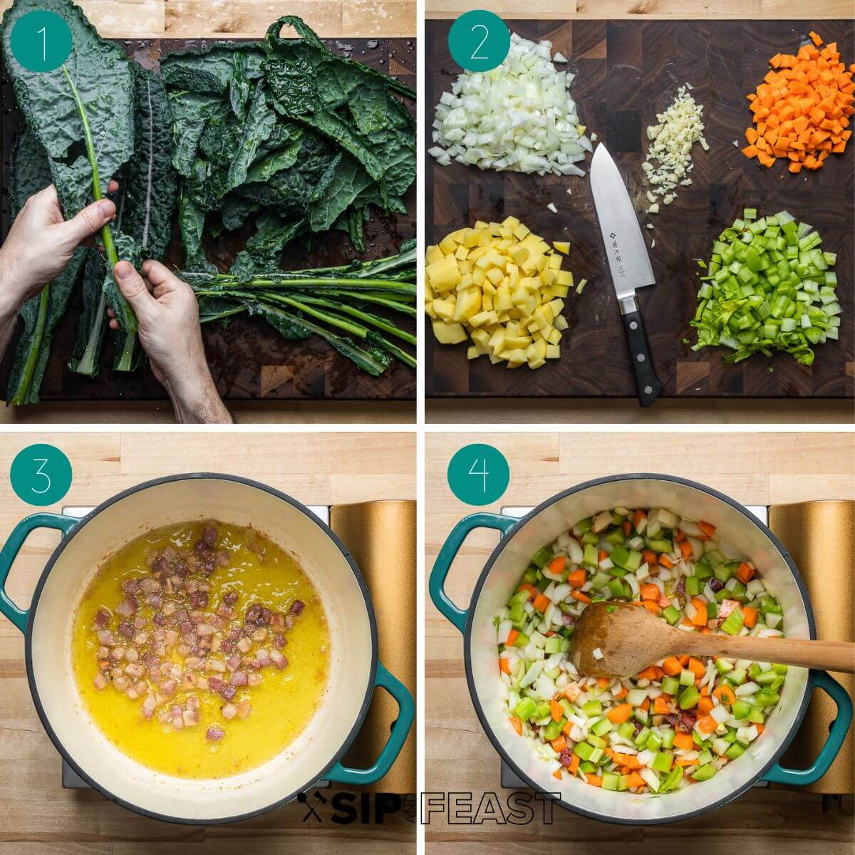 Minestrone recipe process shot collage group number one.
