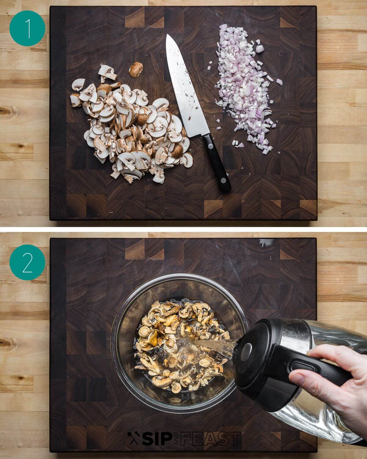 Mushroom risotto recipe process shot collage group number one,