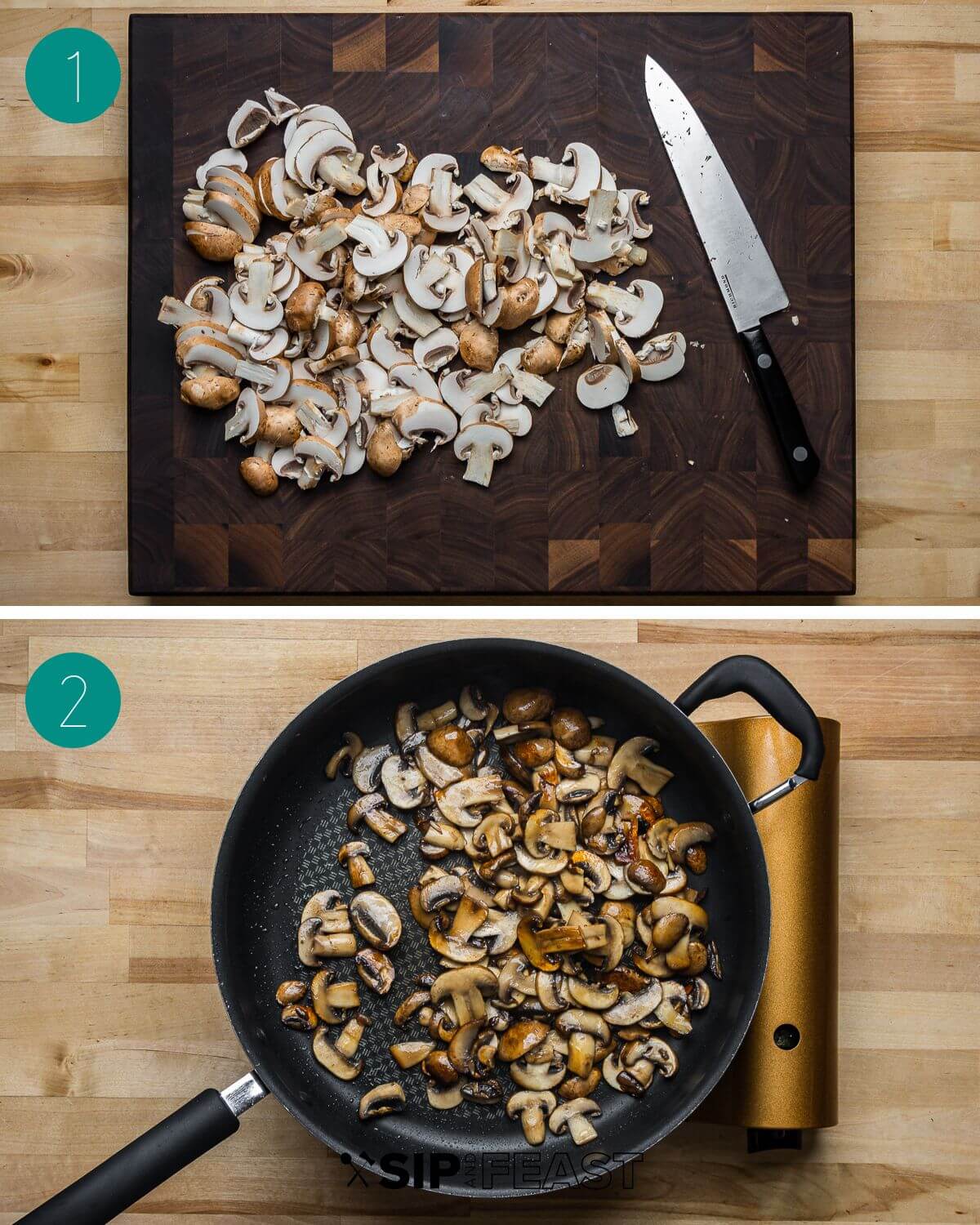 Spicy creamy mushroom pasta recipe process shot collage group number one.