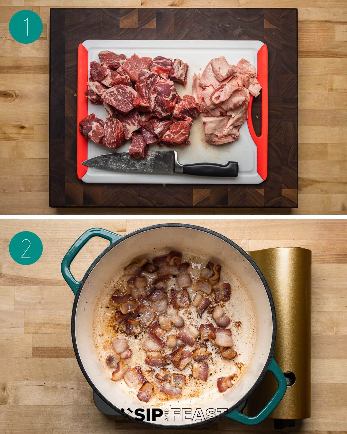 Guinness beef stew recipe process shot collage group number one showing sliced beef and bacon cooking in a pot.