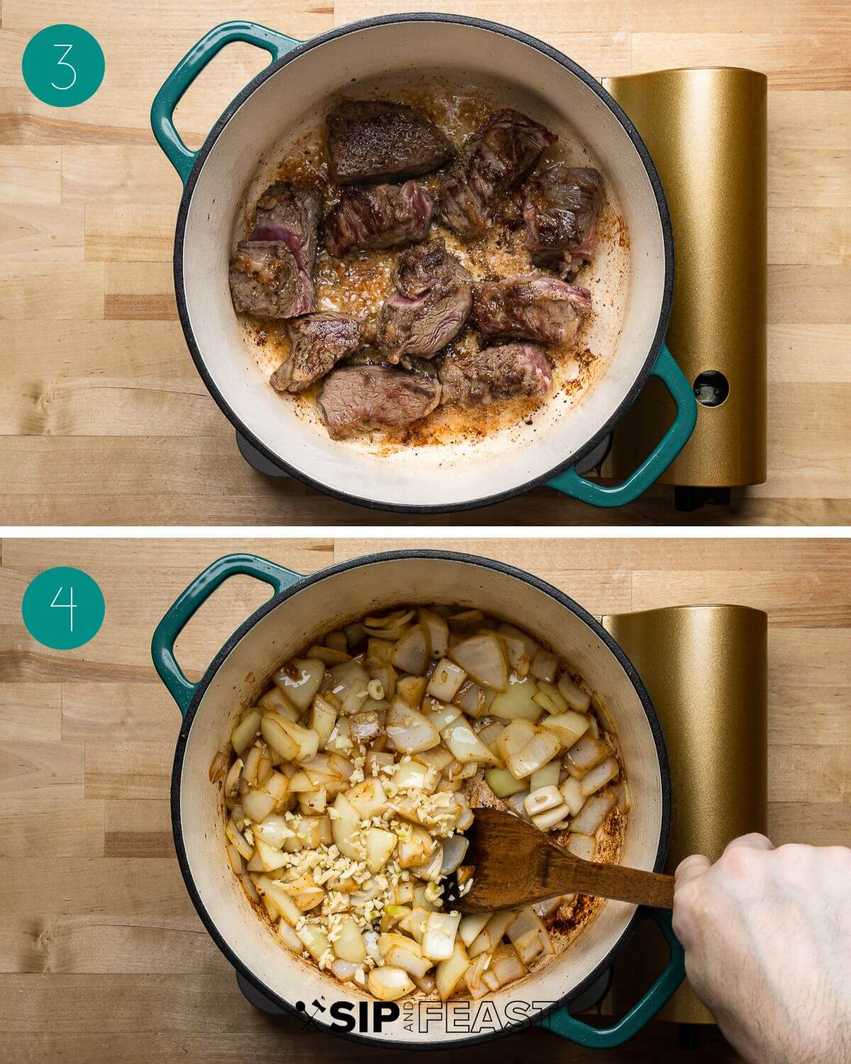 Recipe process shot collage group number two showing beef searing in a pot and onions and garlic in a pot.