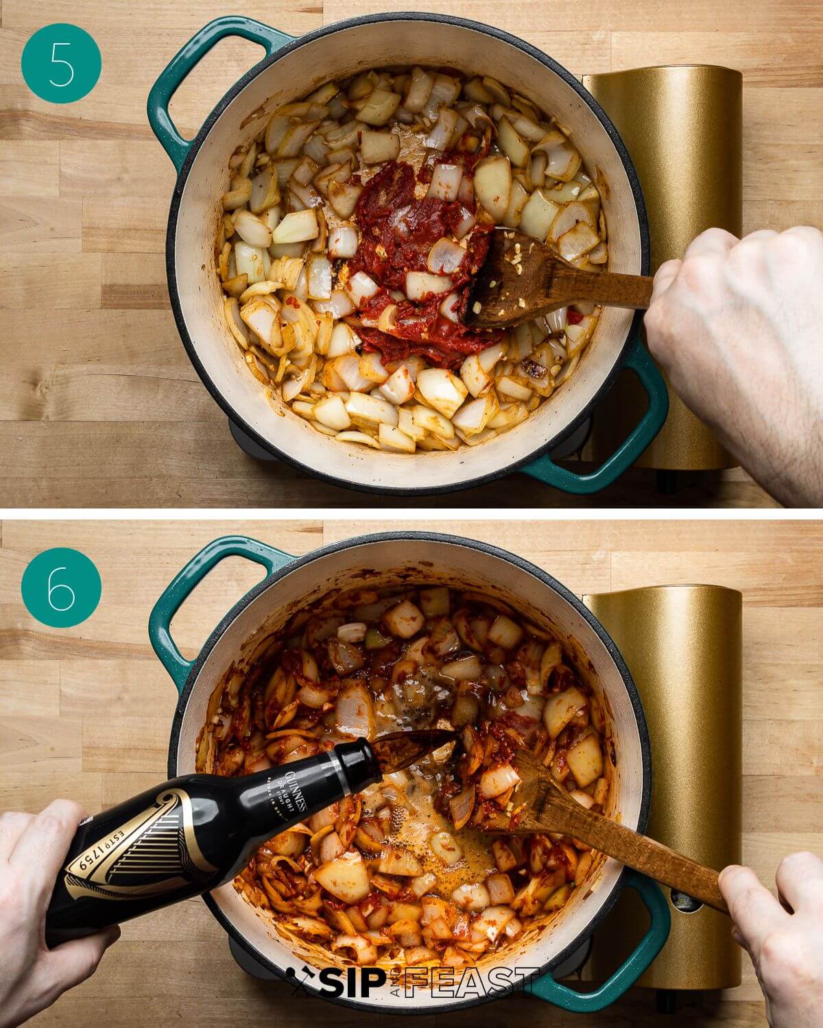 Recipe process shot collage group number three showing onions and tomato paste in a pot and adding a bottle of Guinness to the pot.