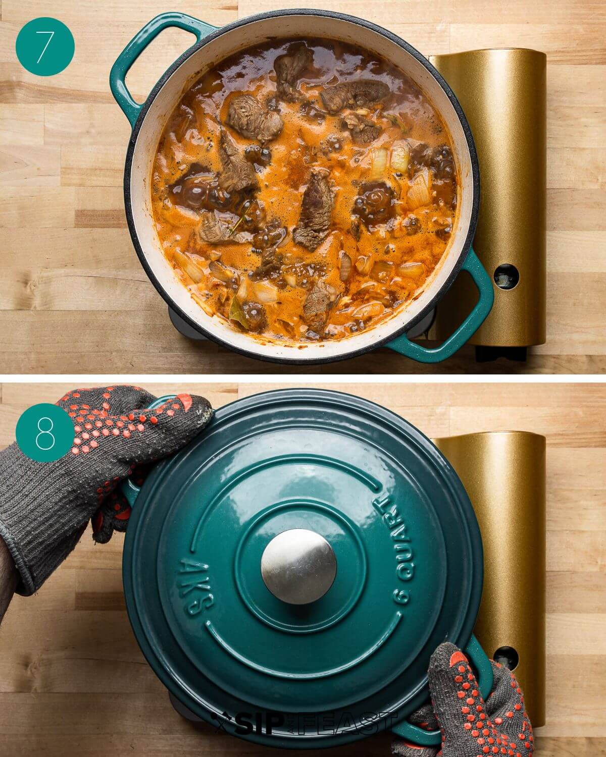 Recipe process shot collage group number four showing beef added back to pot and pot with lid.