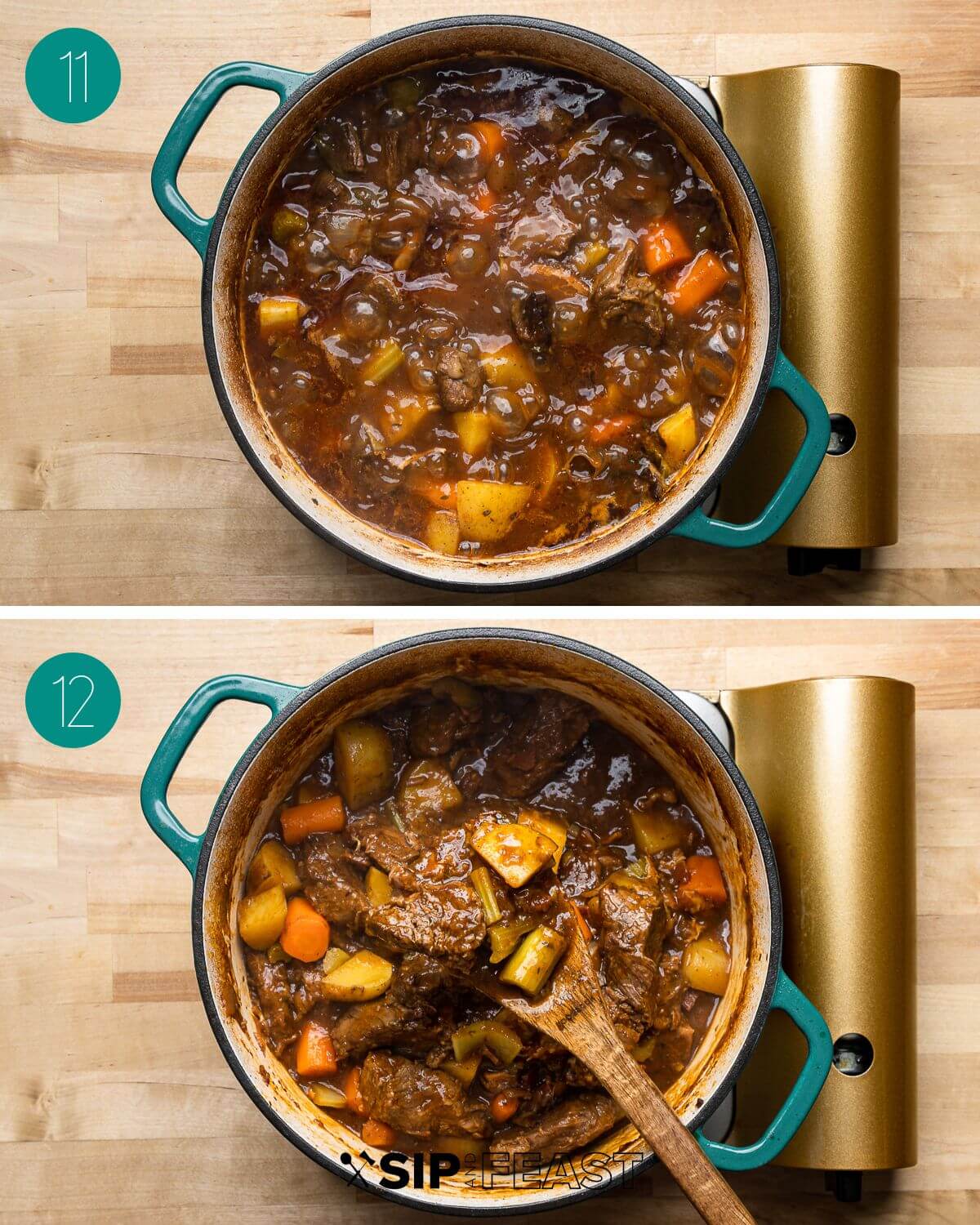 Recipe process shot collage group number six showing stew thickening in pot and final stew with spoon in pot.