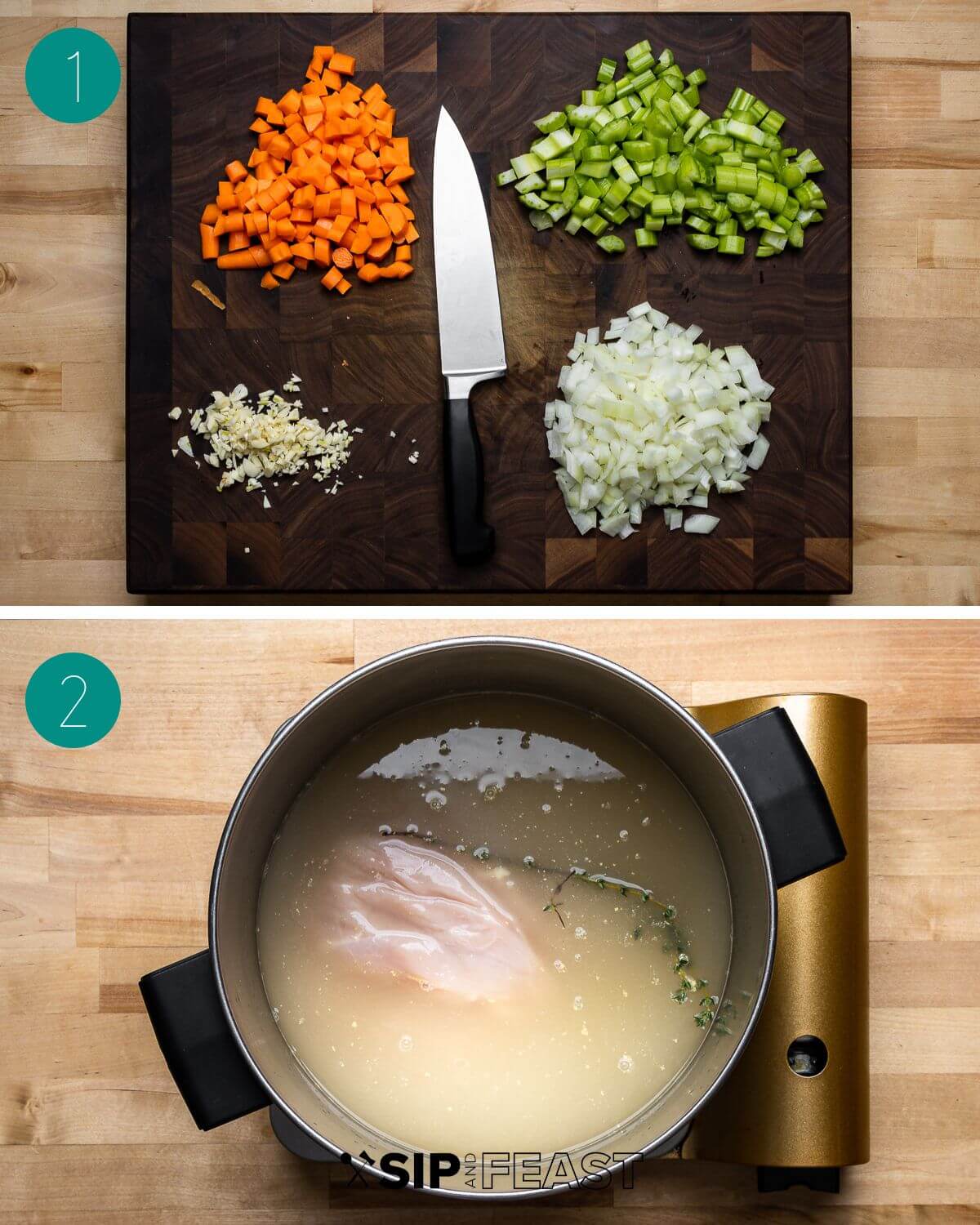 Chicken wild rice soup recipe process shot collage group number one.