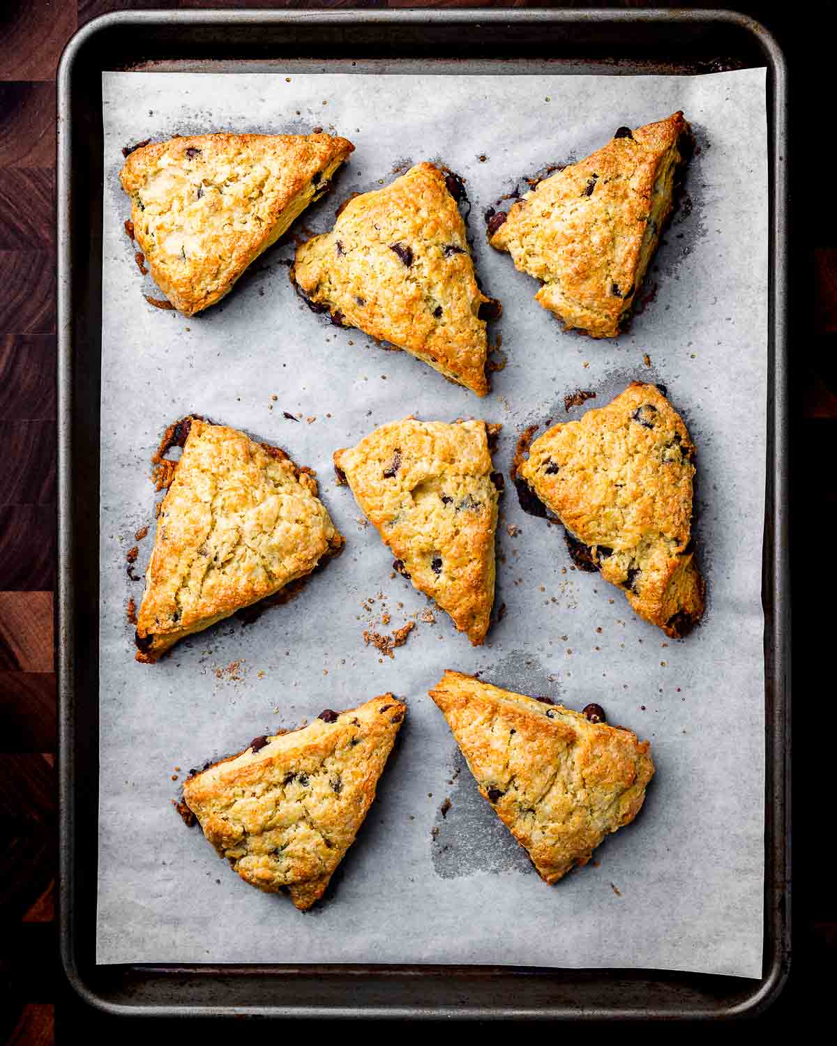 Overhead shot of baking sheet with chocolate chip scones.