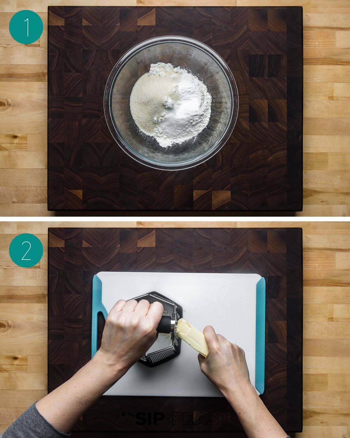 Chocolate chip scones recipe process shot collage group number one showing a bowl with flour and sugar and hands grating frozen butter on a box grater.