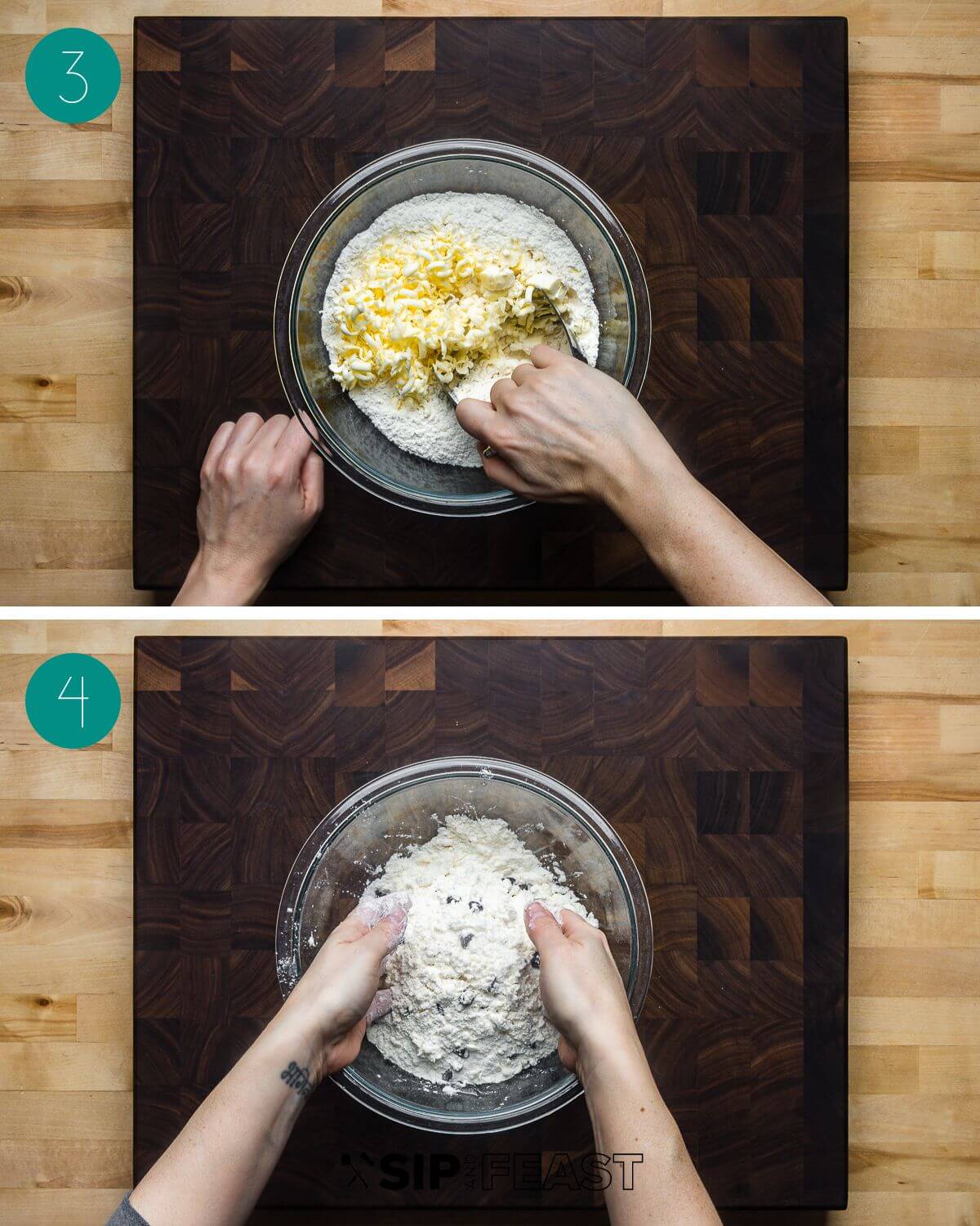 Recipe process shot collage group number two with bowl of flour and grated butter and bowl with mixed flour, butter and chocolate chips.