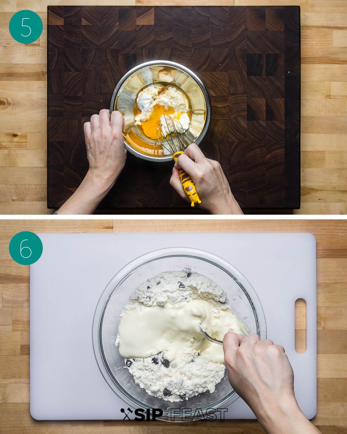 Recipe process shot collage group number three with small bowl with sour cream and egg and large bowl with flour mixture and sour cream mixture.