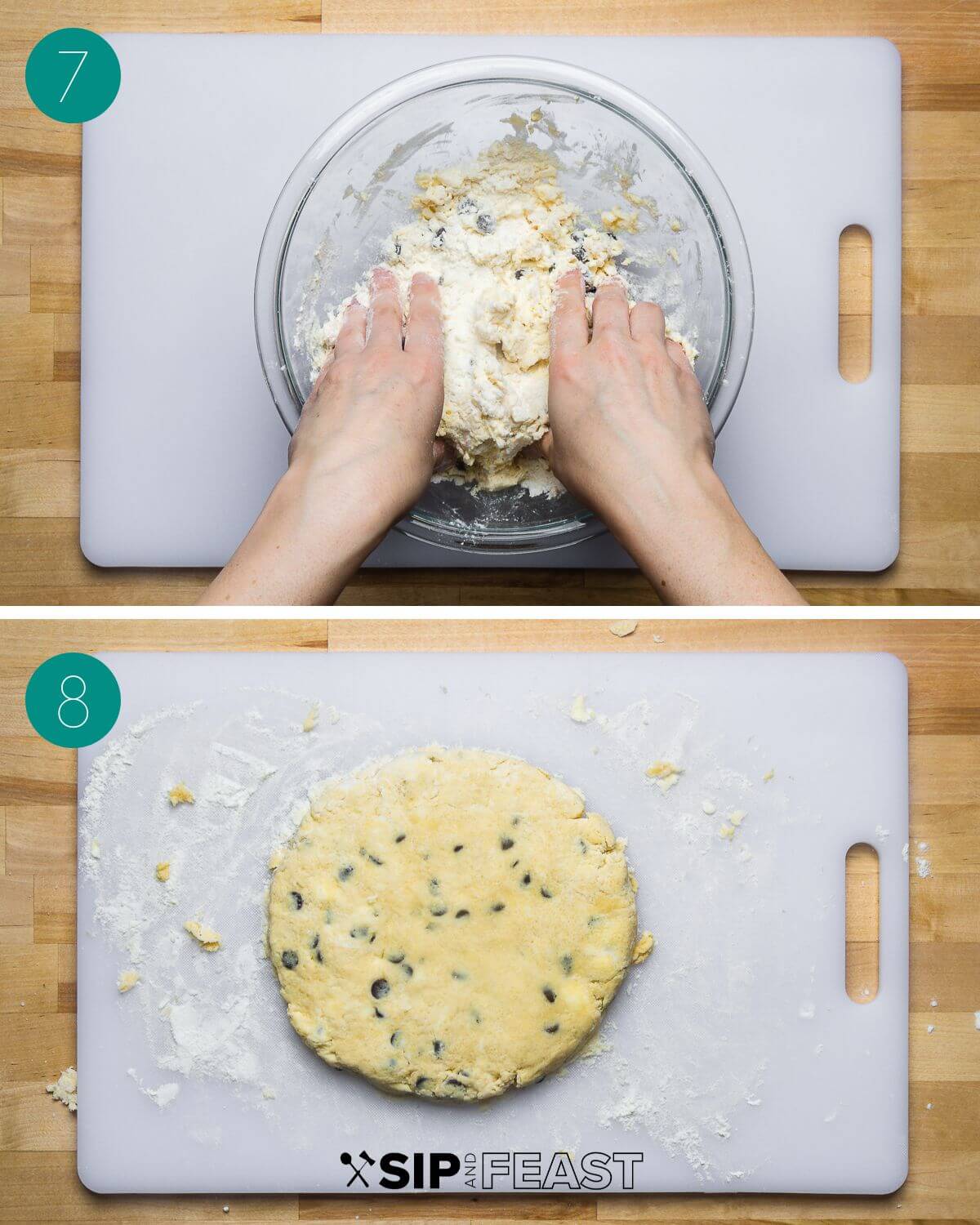 Recipe process shot collage group number four with hands kneading dough and dough disc on board.