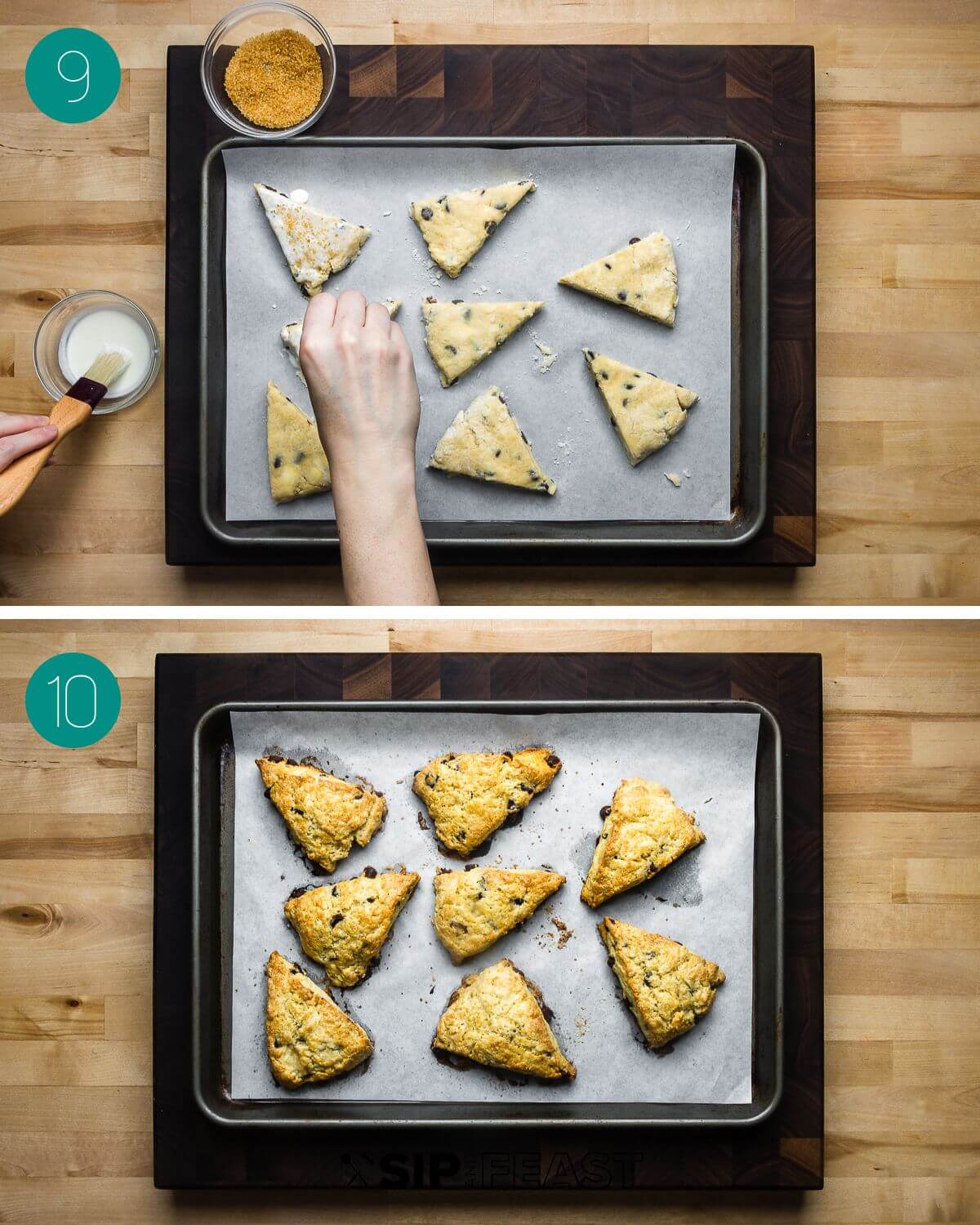 Recipe process shot collage group number five with cut scones on baking sheet with hands sprinkling sugar on top and baked scones on baking sheet.