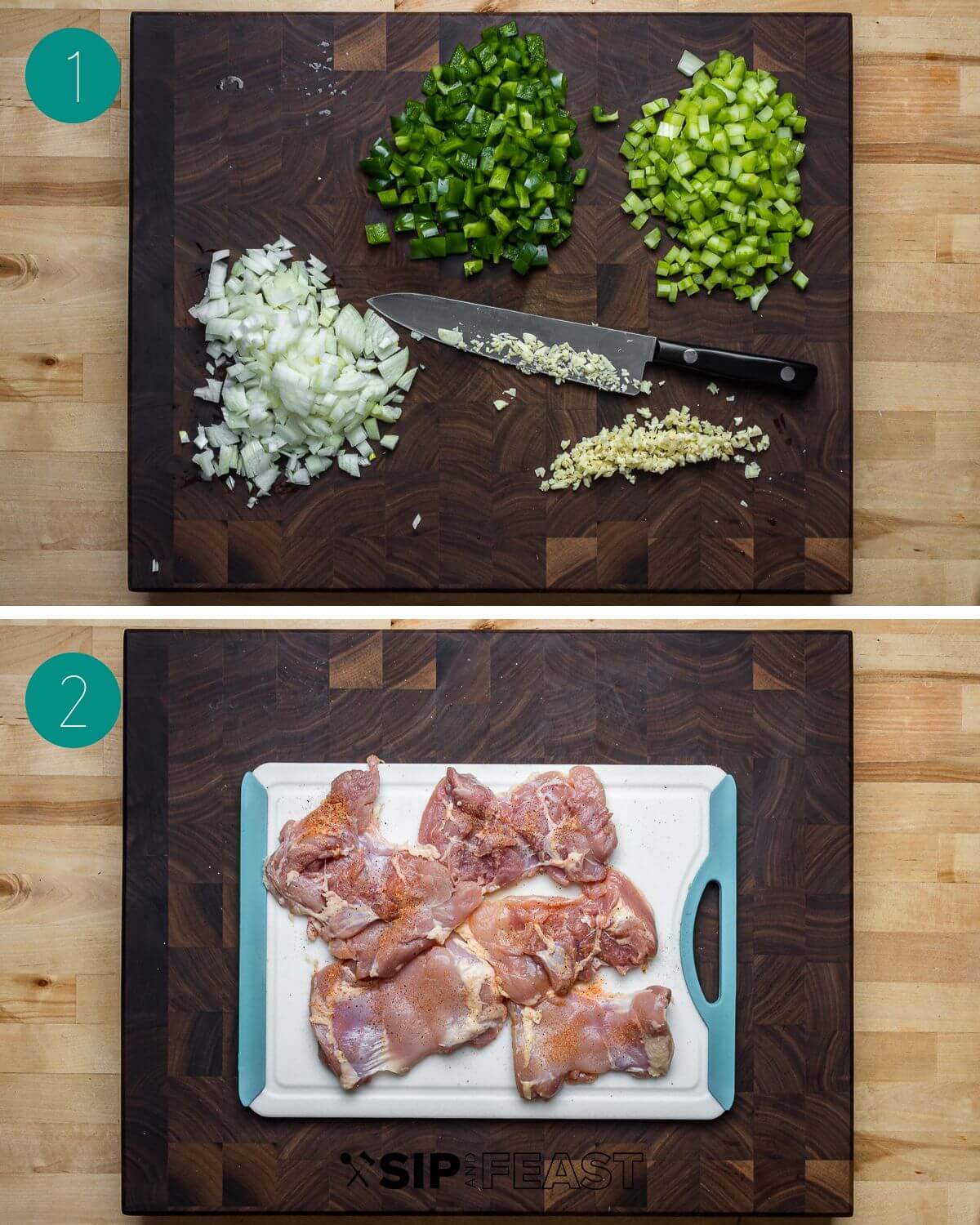 chicken, sausage, and shrimp gumbo recipe process shot collage group number one showing chopped vegetables and chicken thighs.