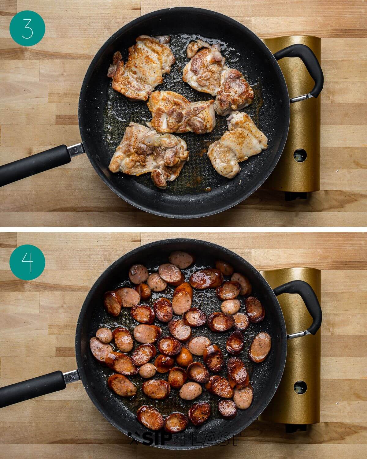 Recipe process shot collage group number two showing seared chicken thighs in pan and andouille cooking in pan.