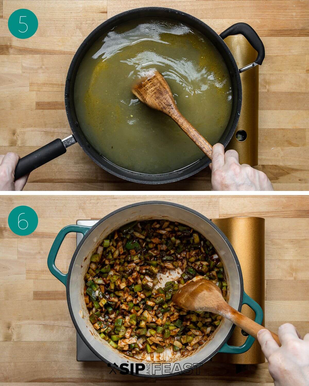 Recipe process shot collage group number three showing stock in pan and vegetables in pot with roux.