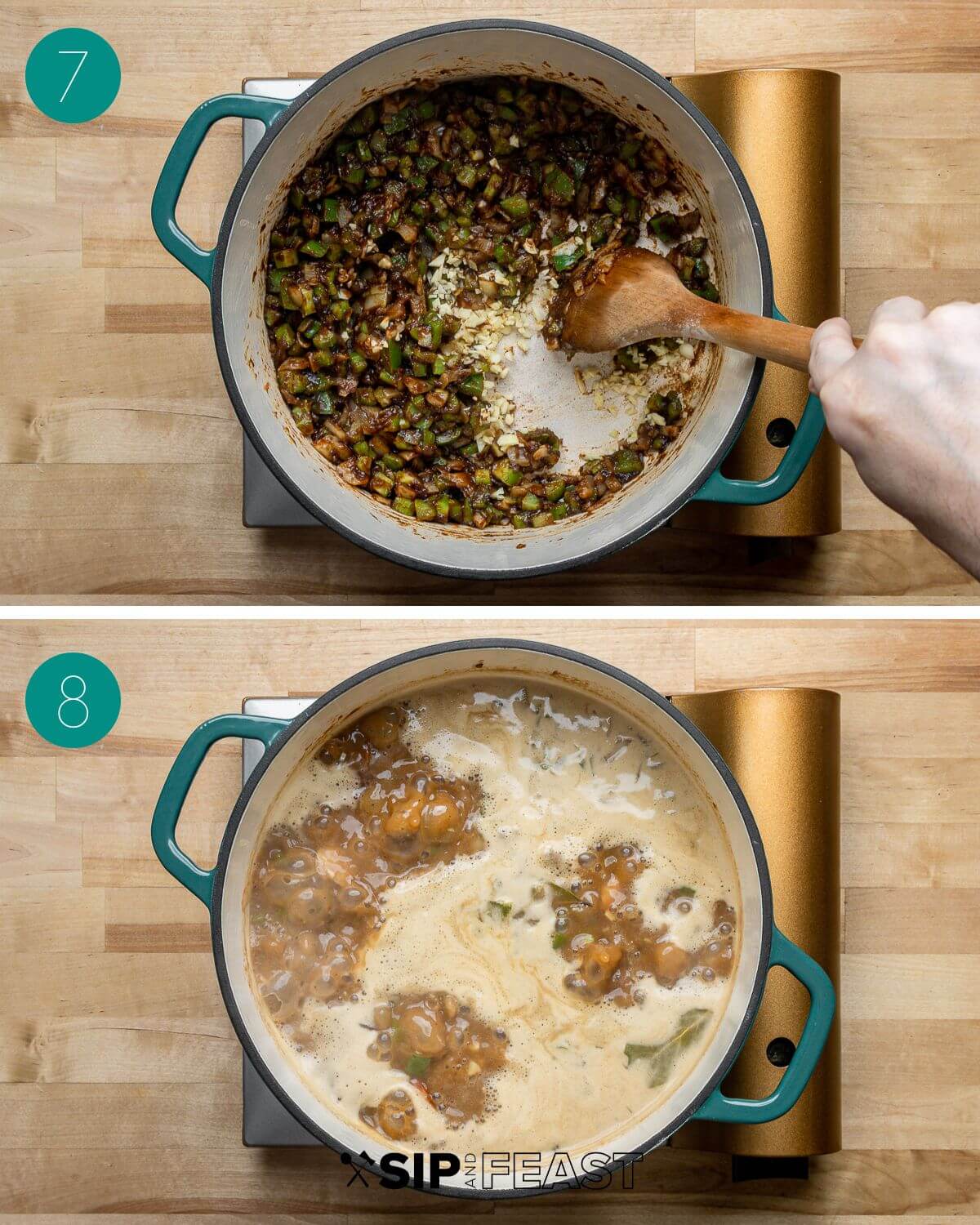 Recipe process shot collage group number four adding garlic to roux pot, and stock, sausage, and chicken in roux pot.