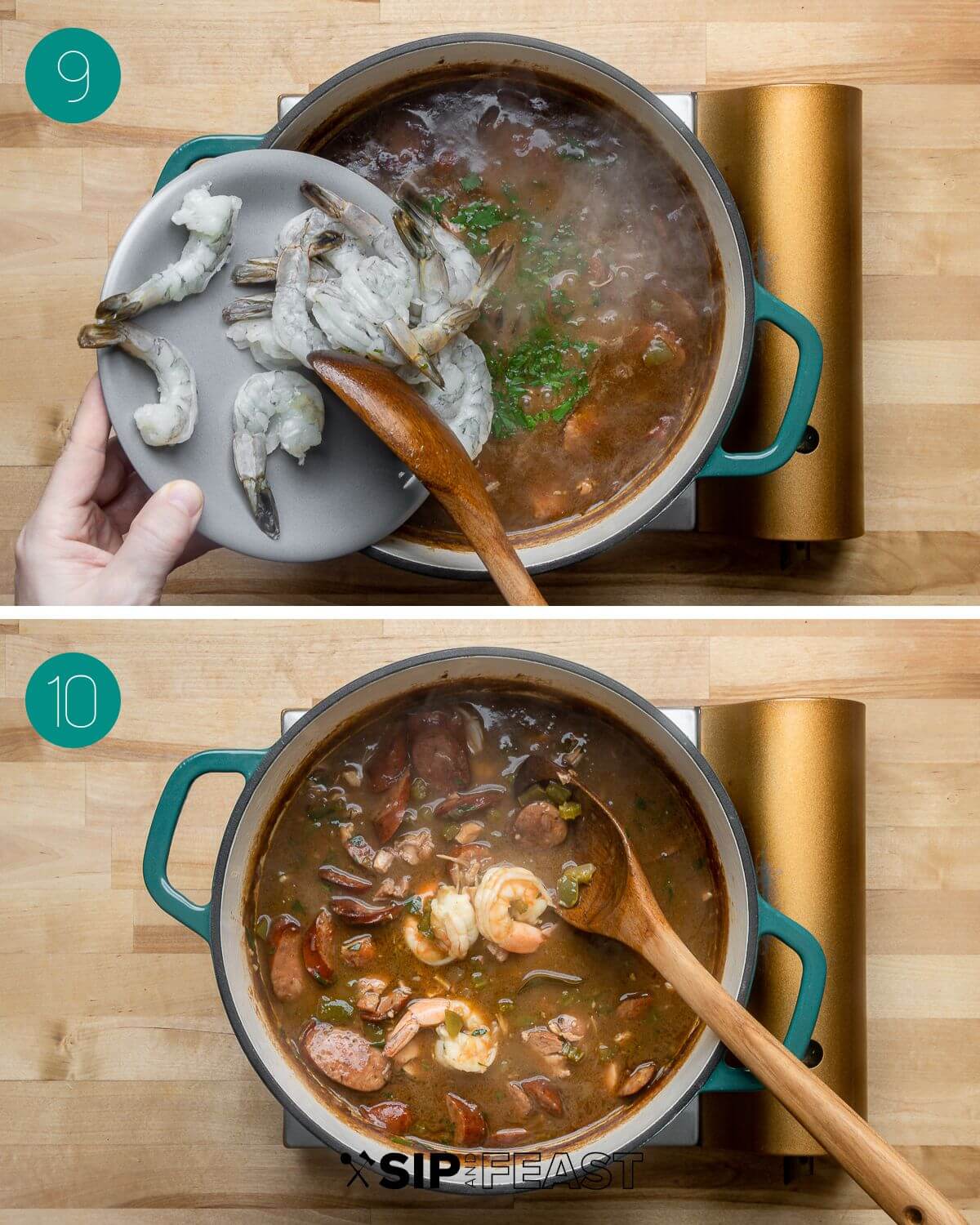 Recipe process shot collage group number five with raw shrimp being added to pot and cooked shrimp in pot.